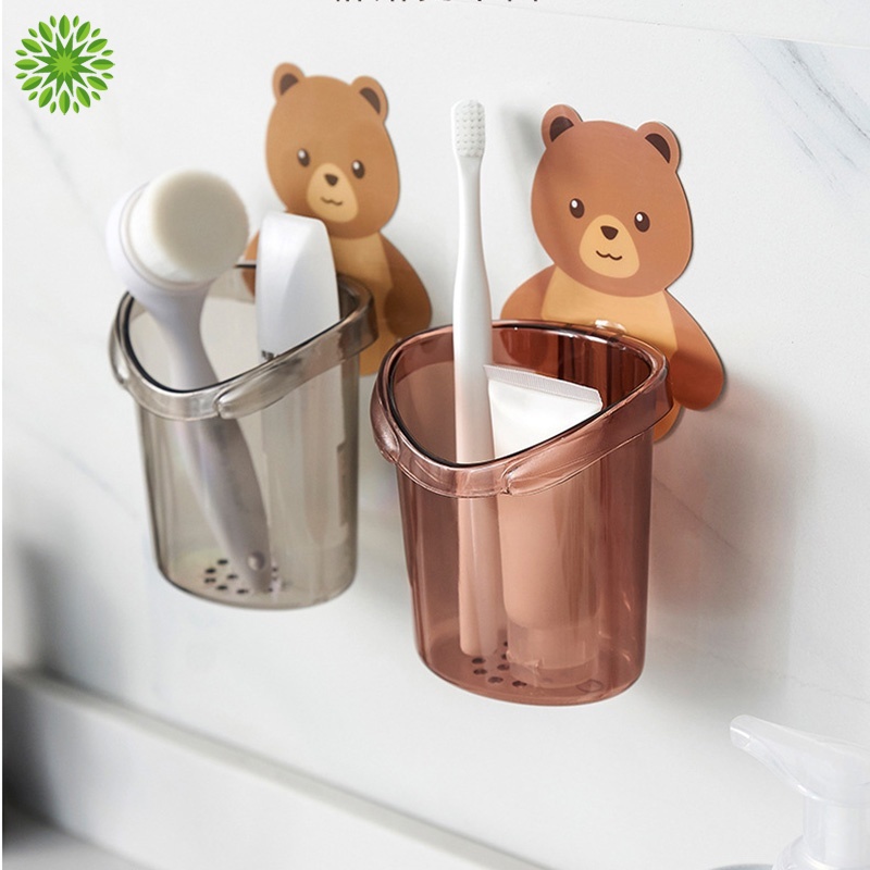 Cốc đựng bàn chải đánh răng đồ dùng vệ sinh cá nhân gắn tường thiết kế gấu nâu hoạt hình đáng yêu CR1