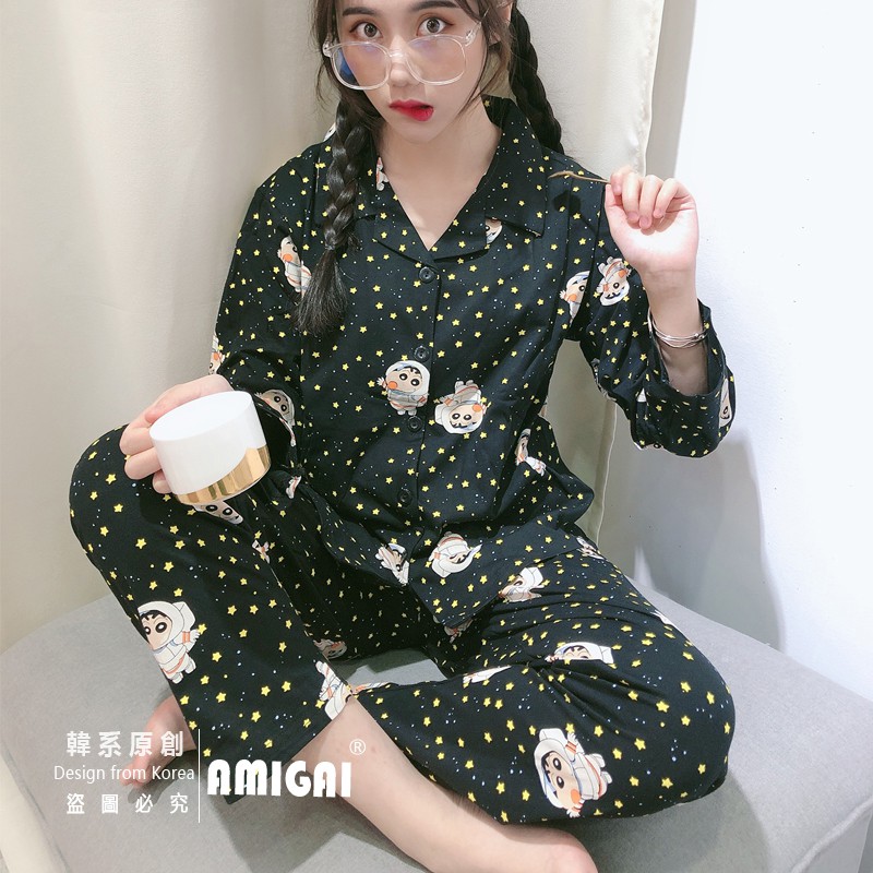 Pajamas dài tay in hình cậu bé bút chì làm phi hành gia phong cách hàn quốc đáng yêu