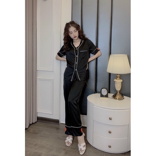 Bộ Đồ Pijama – Bộ Lụa latin viền sóng tay cộc quần dài [Hàng Đẹp, Lụa Mát Mịn]  Không Nhăn, Không Bai Giãn | BigBuy360 - bigbuy360.vn