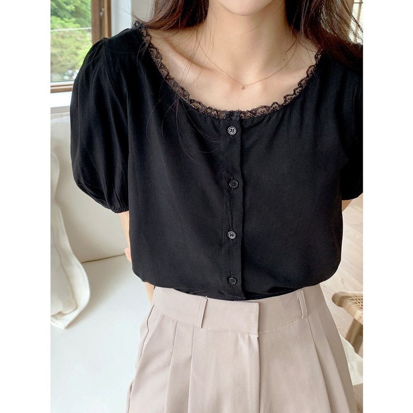 Áo kiểu tay ngắn phối ren màu sắc ngọt ngào phong cách Hàn Quốc cho nữ 44027