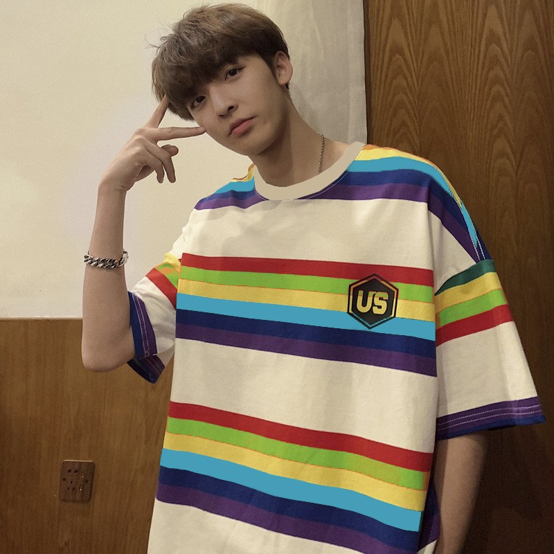 Áo thun sọc nam nữ cầu vồng lục sắc , tay lỡ form rộng | BigBuy360 - bigbuy360.vn