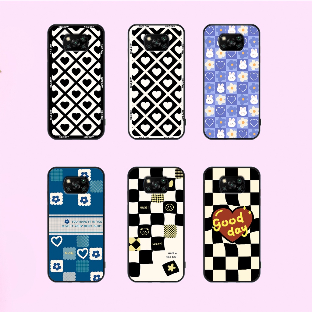 Ốp lưng Xiaomi Poco X3 / Poco X3 Pro in hoạ tiết caro trái tim đen trắng, gấu bear cute đáng yêu