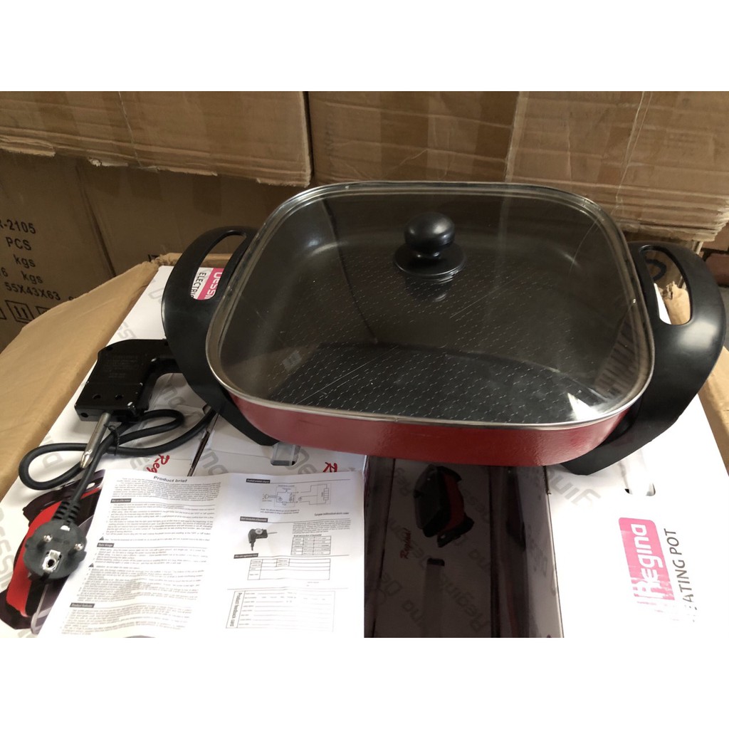 Nồi Lẩu Điện Bếp Lẩu Vuông Màu Đỏ 5 Lít Chống Dính Đa Năng Tiện Lợi