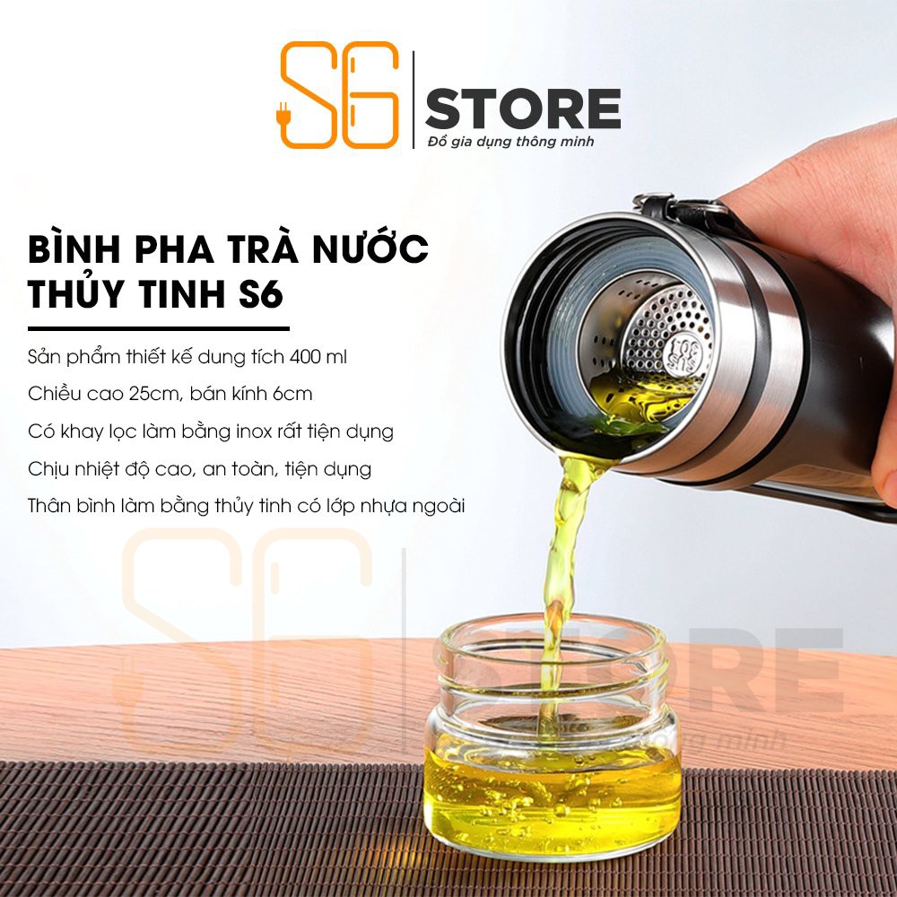 Bình pha trà thuỷ tinh 2 lớp S6 có khắc tên lõi inox 304 kèm ly uống trà tiện lợi bình đựng nước an toàn tiện lợi