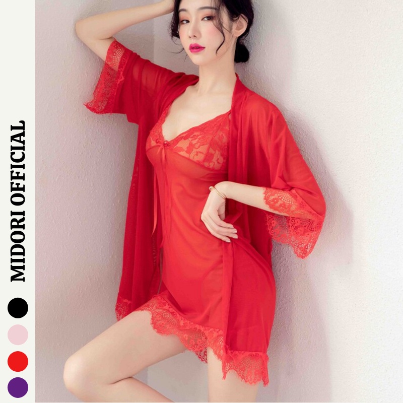 Đồ ngủ sexy nữ gợi cảm MIDORI chất ren voan cao cấp gồm áo 2 dây và áo choàng xuyên thấu freesize KL01