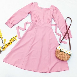 Đầm váy freesize hồng cổ V thắt nơ