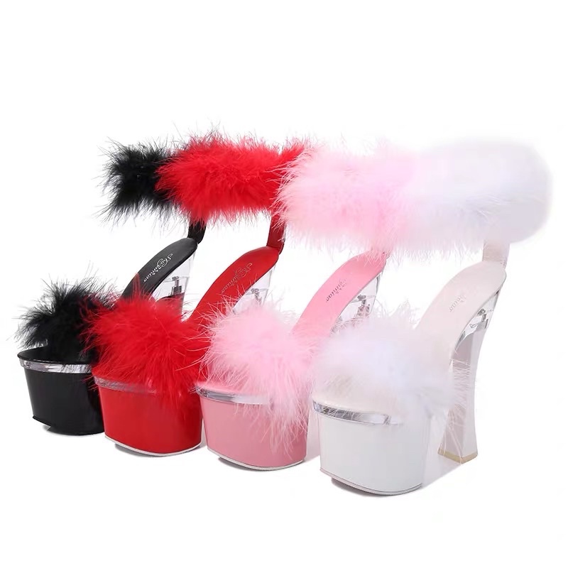 Giày Cao Gót 18CM Đính Lông Quai Bản To