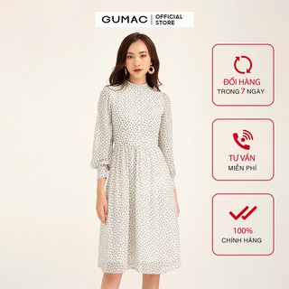 Đầm suông nữ GUMAC họa tiết tay dài trẻ trung, màu trắng đủ size DB169