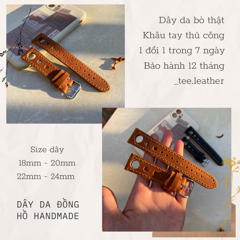 Dây đồng hồ da bò thật-khâu tay thủ công, dây da đồng hồ size 18mm, 20mm, 22mm, 24mm - TEE Leather