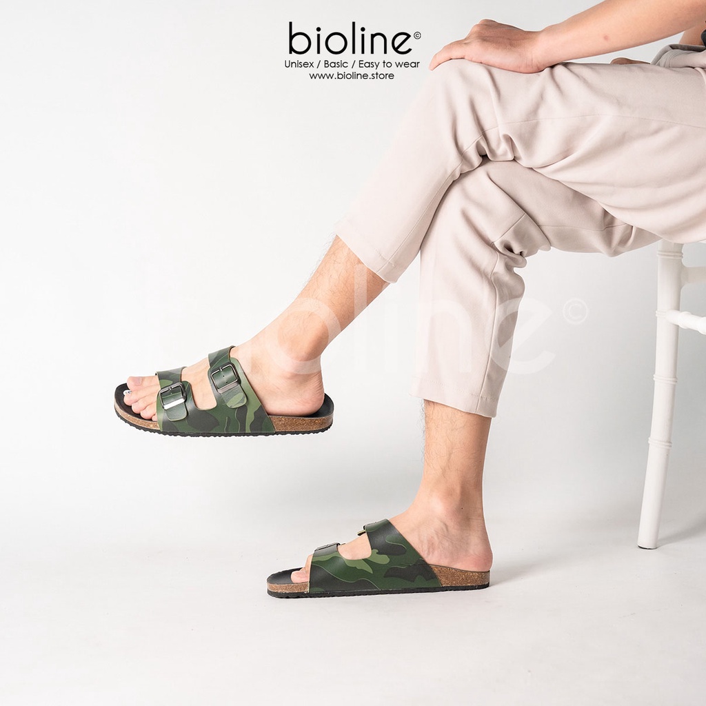 R01-Dép đế  trấu ARMY BIRKEN da PU chống nước cao cấp màu rằn ri quân đội, dép quai ngang 2 khóa,  chính hãng BIOLINE