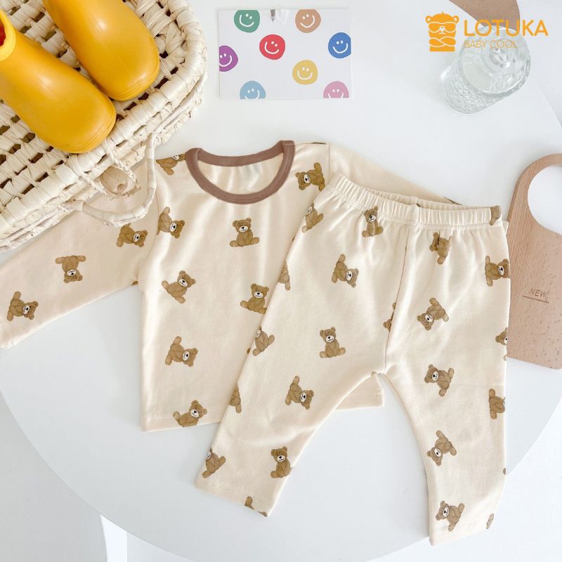 Đồ bộ bé trai bé gái hình Gấu dài tay, Set quần áo trẻ em mặc nhà size 4-18kg
