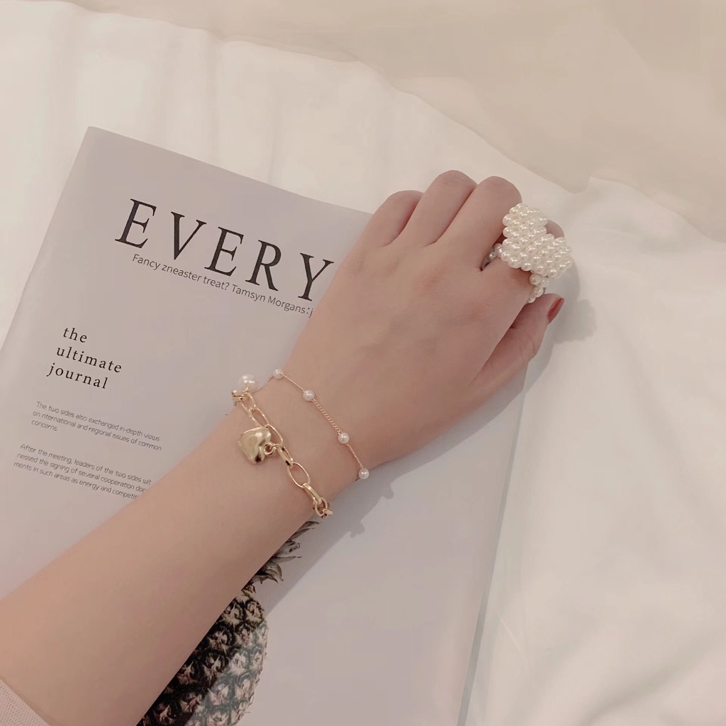 Thời trang Hàn Quốc Chuỗi dày Hình dạng tình yêu Vòng tay ngọc trai hai lớp cho phụ nữ Màu vàng