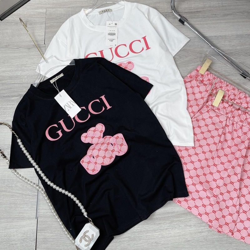 Set áo cotton thêu gấu và quần sooc đùi kaki Bộ đùi mặc ở nhà Bộ ngủ