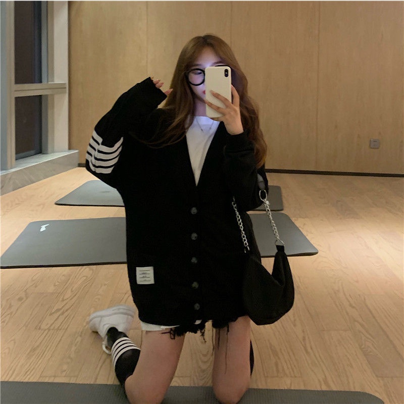 AK020 Áo Cardigan Kẻ vạch tay phong cách Ulzzang Hàn Quốc tay dài chất nỉ cotton mềm mịn cá tính Form Rộng khoác ngoài