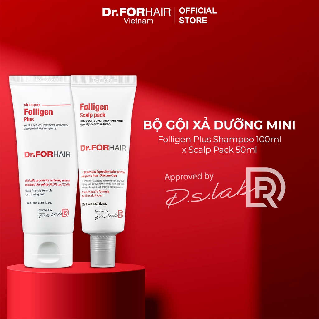 Bộ gội xả dưỡng Mini giúp GIẢM RỤNG TÓC, chăm sóc tóc chắc khỏe từ bên trong của Dr.FORHAIR Folligen Plus x Scalp Pack