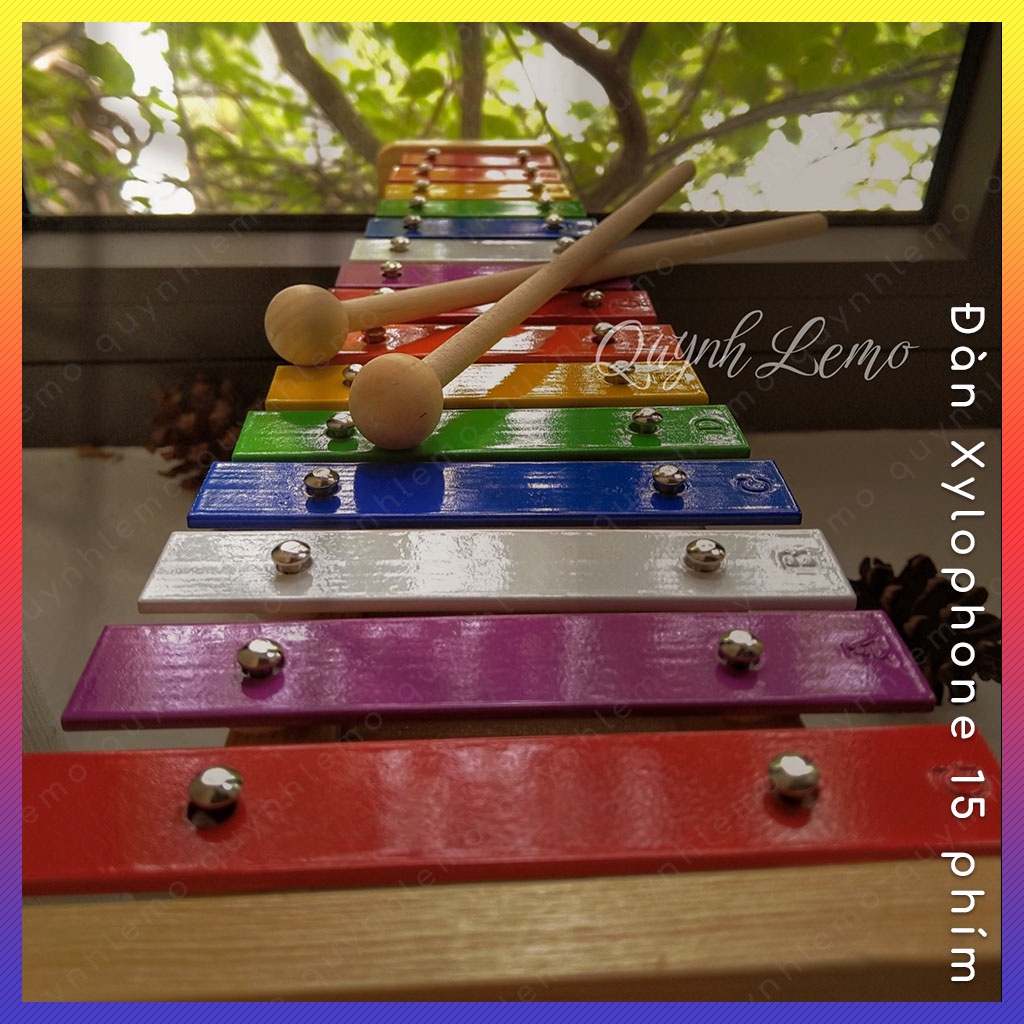 Đàn xylophone 15 phím hộp kim nhôm QUYNHLEMO, đàn gỗ xylophone 15 thanh nhiều màu, đồ chơi cho bé rèn kĩ năng âm nhạc