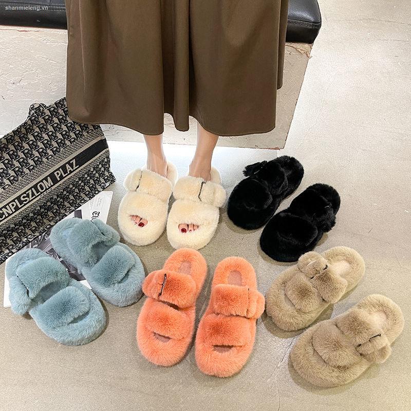 Dép cotton phối lông thỏ thật thời trang xuân thu mới 2022 cho nữ