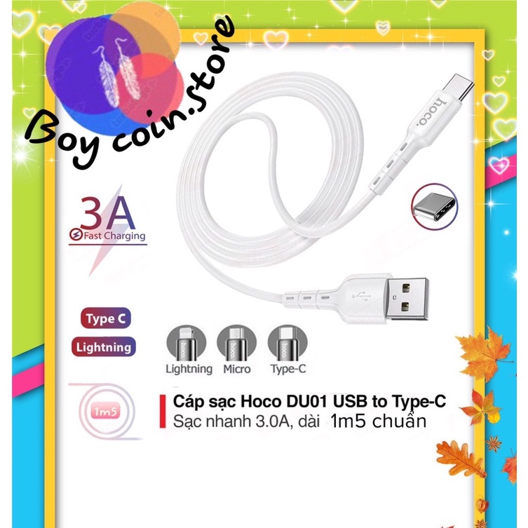 Cáp sạc nhanh truyền dữ liệu Hoco DU01 USB to Micro/Lightning/Type-C sạc nhanh 2.4A/3A dài 1m5