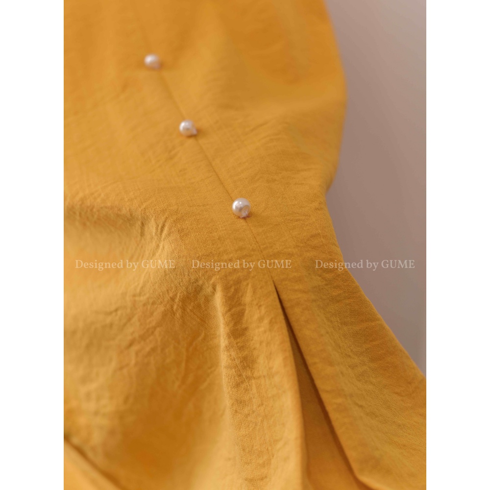 Váy bầu bigsize - Đầm bầu thiết kế GuMe màu Vàng Đũi Cúc Ngọc dáng A bo tay siêu xinh size từ 40-100kg  MB206 ảnh thật