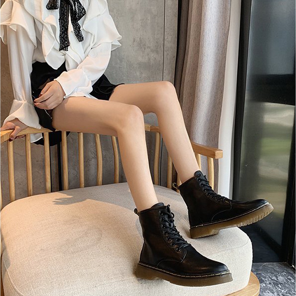 Giày Bốt Martin Ulzzang, Bốt Chiến Binh Da Nữ Cổ Cao Đế Độn 3cm Phong Cách Vintage, Hàn Quốc - Iclassy_shoes