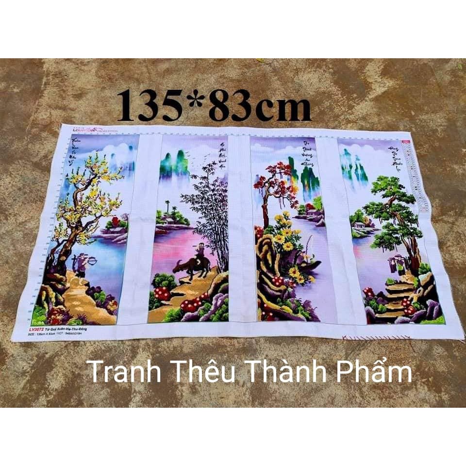 (Đã thêu) Tranh thêu thành phẩm tứ quý kim sắc mai lan trúc cúc