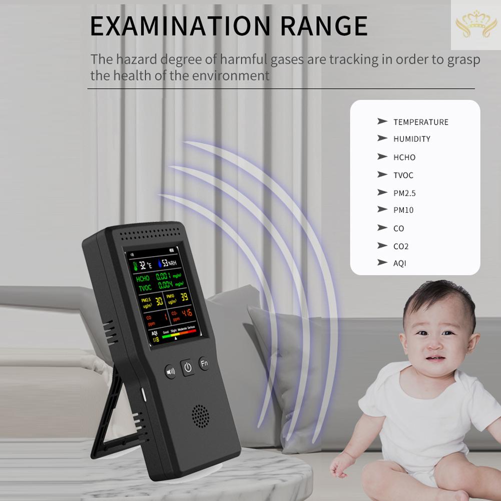 Máy Đo Chất Lượng Không Khí Cầm Tay 9 Trong 1 PM2.5 PM10 HCHO TVOC CO2 Qi Có Màn Hình LCD Nền