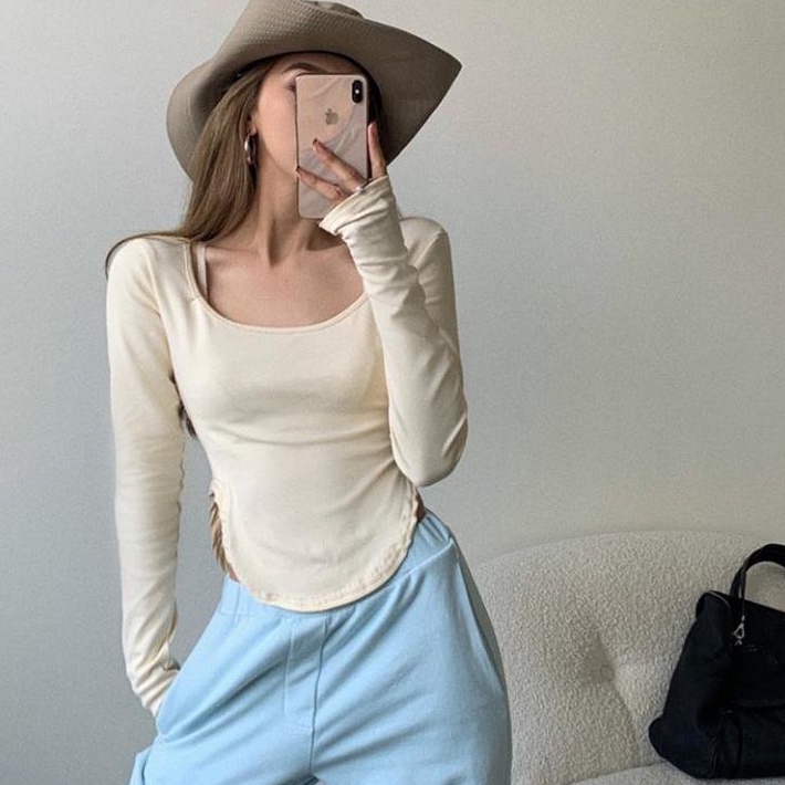 Áo Thun Tay Dài Cổ Chữ U Dáng Ôm Đơn Giản Hàn Quốc Mùa Thu 2022 Cho Nữ