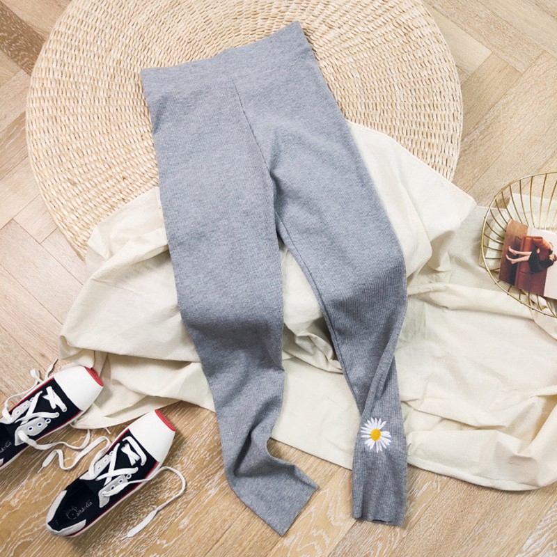 [Baywellfashion]Women Casual Daisy Embroidery Leggings Stretchy Elastic Pencil High Waist Feet Trousers | BigBuy360 - bigbuy360.vn