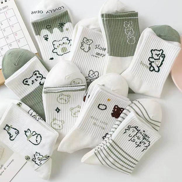 Tất vớ cổ cao vải Cotton co giãn hoạ tiết hình thú đắng yêu, phong cách Ulzzang Hàn Quốc - Ekiu Shop