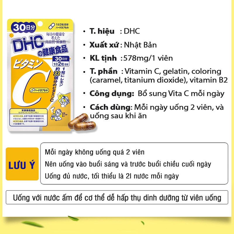 Viên uống Vitamin C DHC Nhật Bản dưỡng sáng đẹp da tự nhiên chống nắng mờ thâm ngừa mụn tăng sức đề kháng gói 60 viên