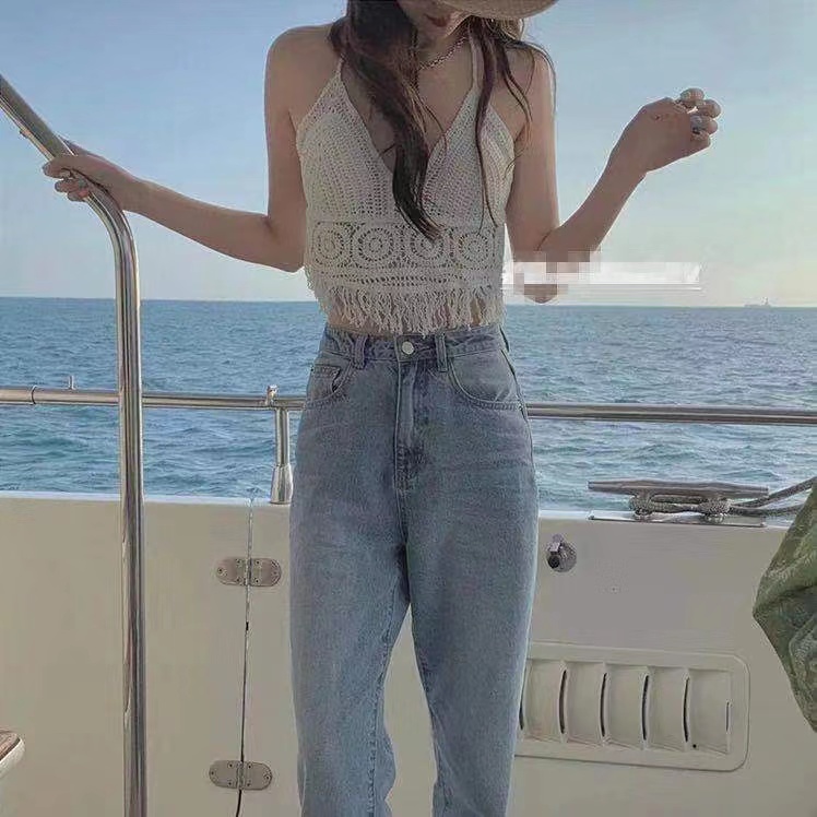 DUNEA Áo Hai Dây Dệt Có Đệm Ngực Màu Trắng Quyến Rũ Thời Trang Đi Biển Cho Nữ