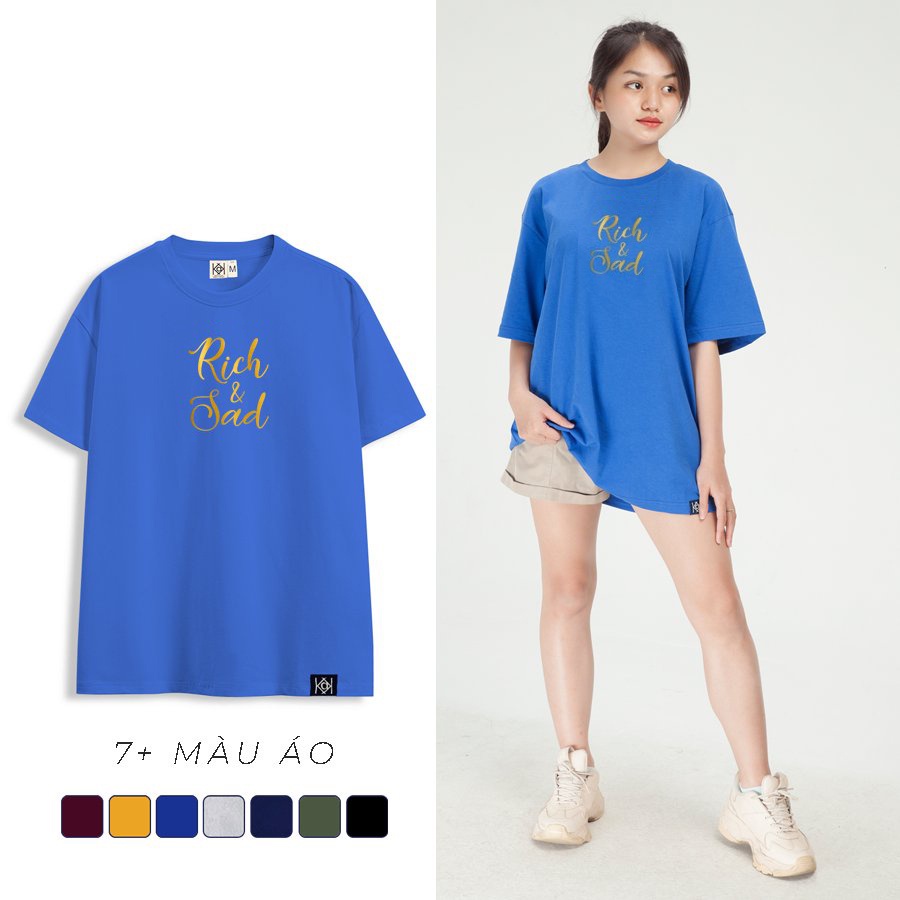 Áo thun nữ basic in nhũ vàng phông cotton mát tay dài typo giàu và buồn rich and sad MVR KK3762