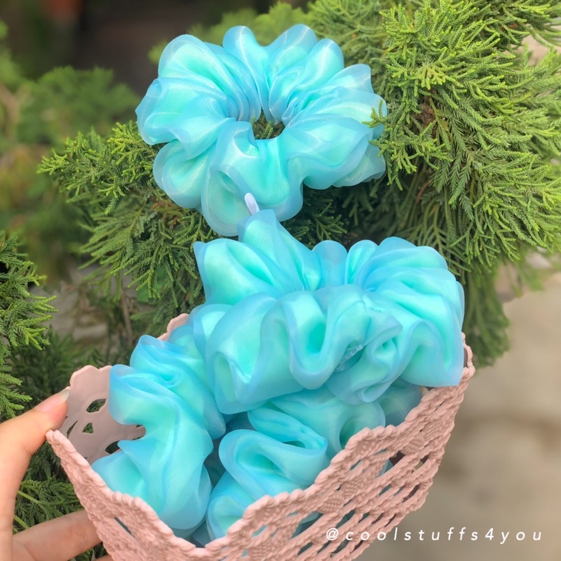 Buộc Tóc Scrunchies Thiết Kế Voan 2 Lớp Vải Phối Màu TURQUOISE🍃NGỌC LAM