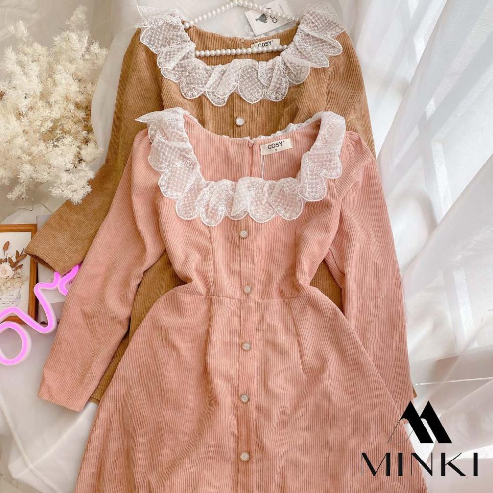 [NEW2022] ĐẦM NHUNG GÂN 3 MÀU CỔ REN TRẮNG - CHẤT LIỆU CAO CẤP - MÀU HỒNG / NÂU / XANH | BigBuy360 - bigbuy360.vn