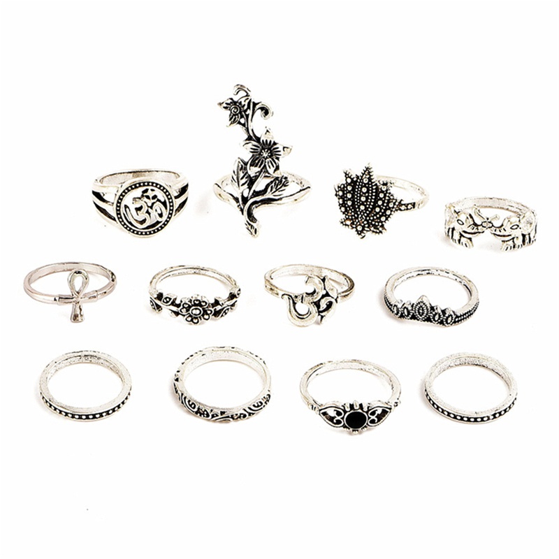 1 Set Nhẫn Đeo Tay Kim Loại Đính Đá Đen Phong Cách Retro Cho Nữ