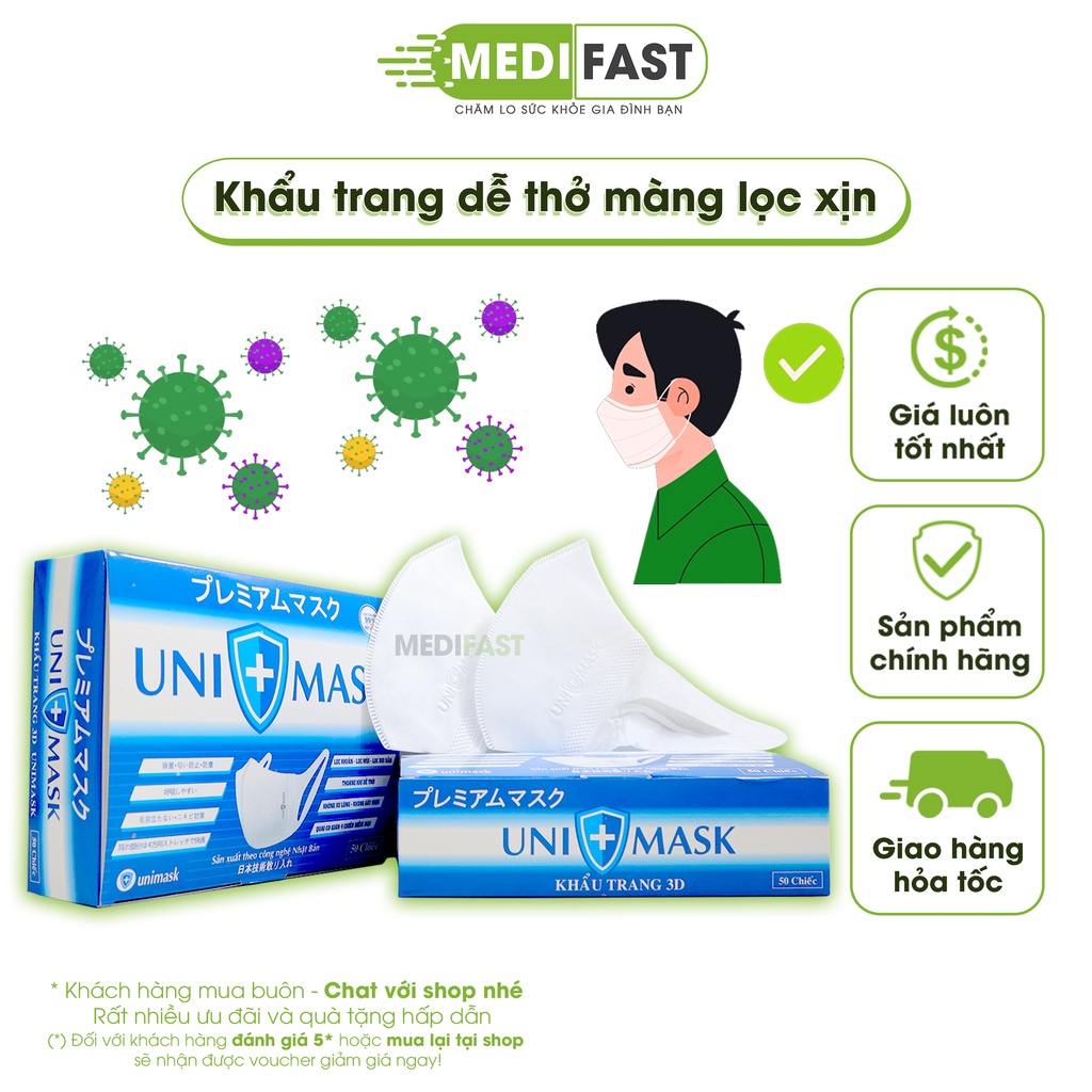 Khẩu Trang 3d Uni mask, chống bụi mịn, công nghệ Nhật Bản form ôm sát mặt - Hộp 50 chiếc chính hãng