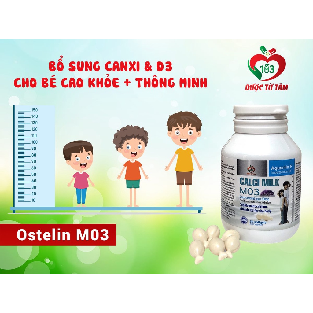 Calci Milk M03 bổ sung canxi giúp tăng chiều cao và giảm nguy cơ còi xương ở trẻ nhỏ Lọ 50 Viên