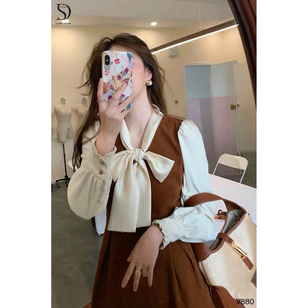 VÁY NHUNG NÂU TAY PHỐI CỔ NƠ dáng xoè | BigBuy360 - bigbuy360.vn