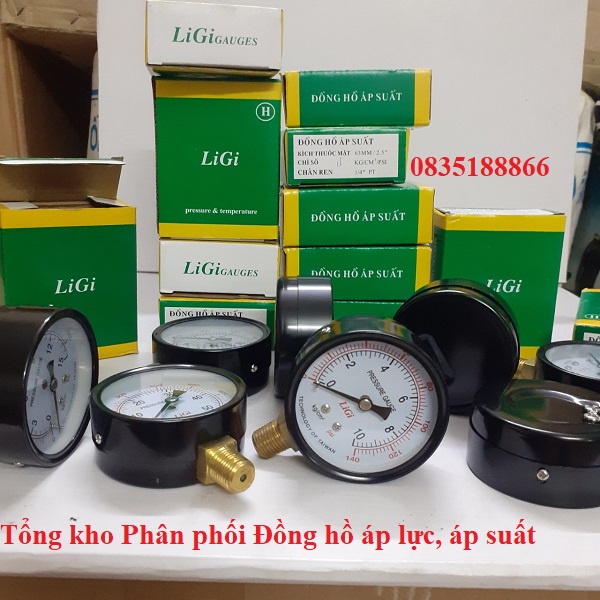 Đồng hồ đo áp suất, áp lực nước hơi khí nén LiGi loại 10kg/cm2 mặt 63mm
