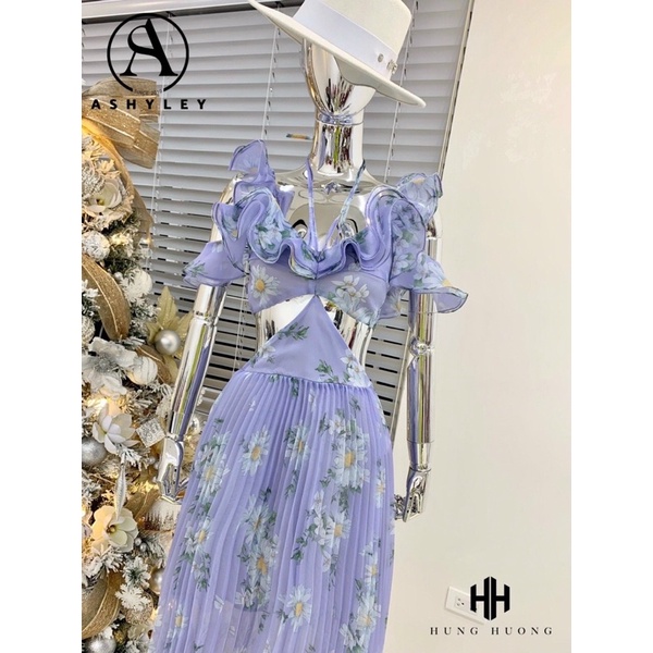 Đầm  váy maxi ASHYLEY thiết kế (HÀNG SẴN) trễ vai dập ly hoạ tiết cut eo tôn dáng Aimee closet