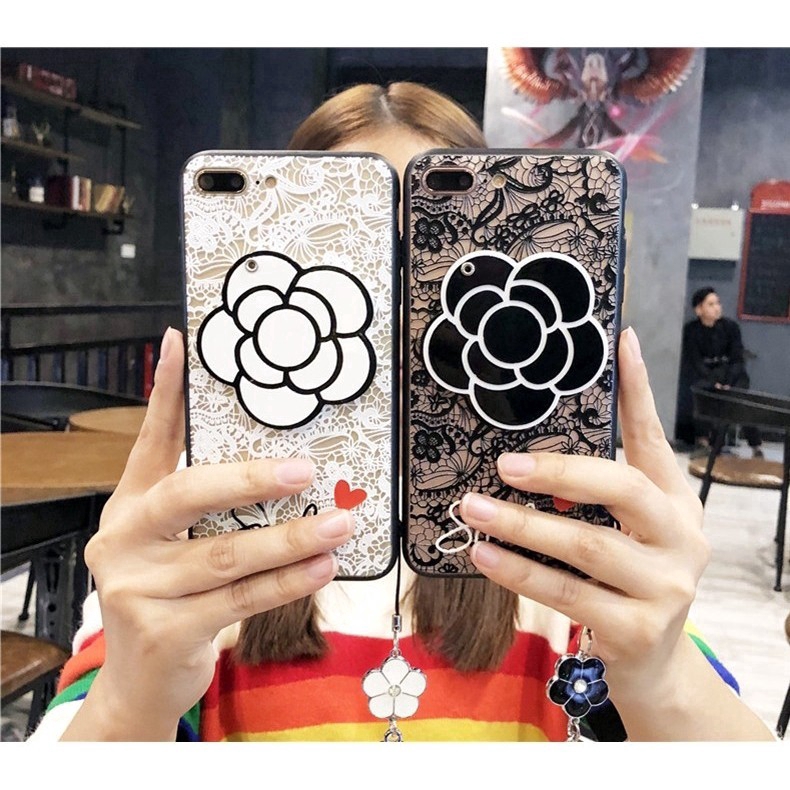 Ốp lưng họa tiết ren có gương và dây hình hoa cho IPhone 5 5S 6 6S 7 8 Plus X