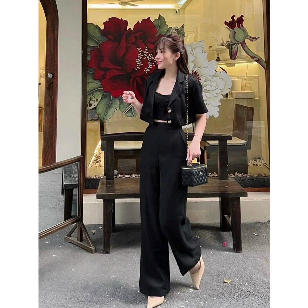 Sét Bộ 3 Món Đồ Nữ Aó Vest Croptop Tay Ngắn Kèm Lót Mix Quần Cạp Cao Dáng Suông Sang Chảnh Qúy Phái