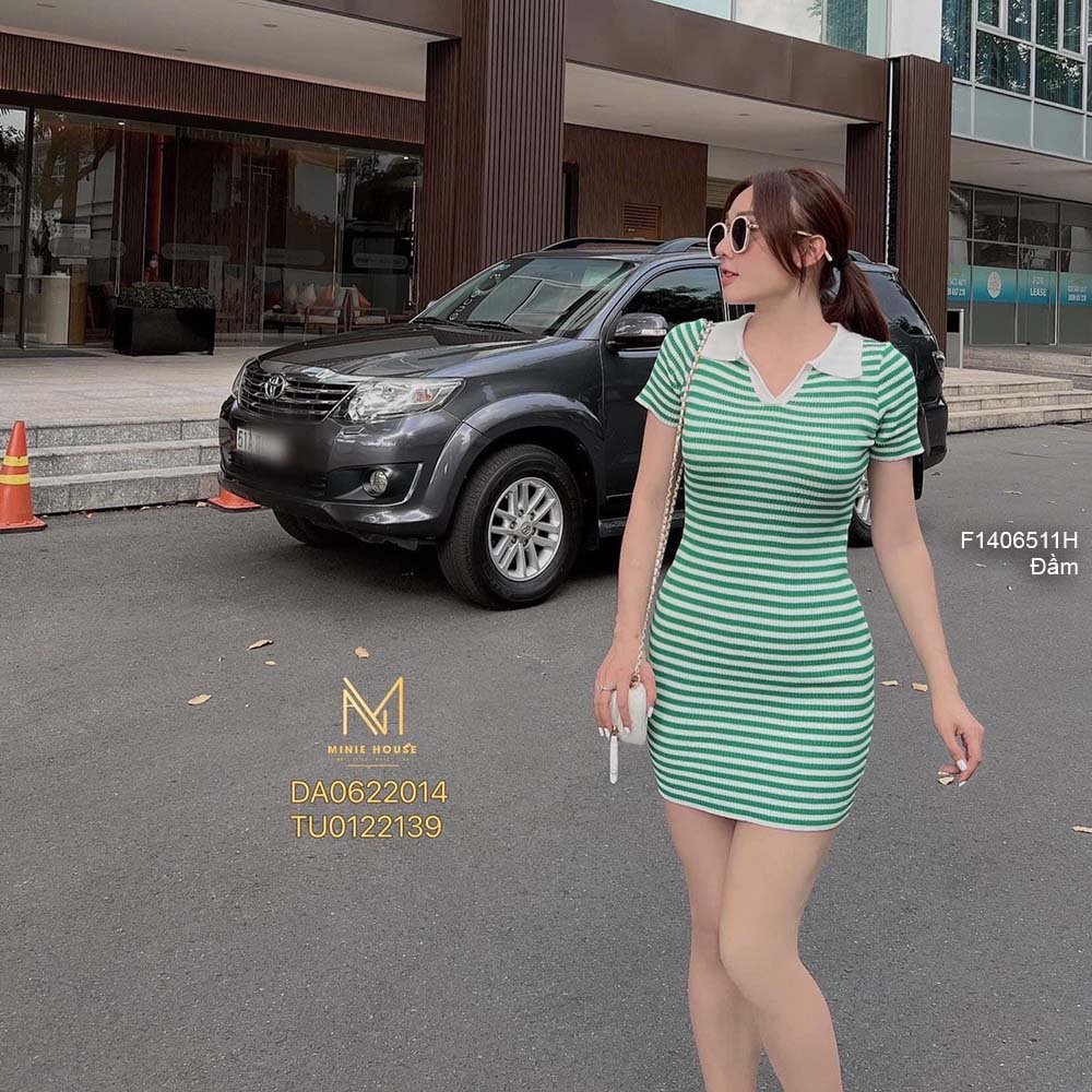 Đầm ôm body len sọc cổ tim bẻ tay con hàng QC!