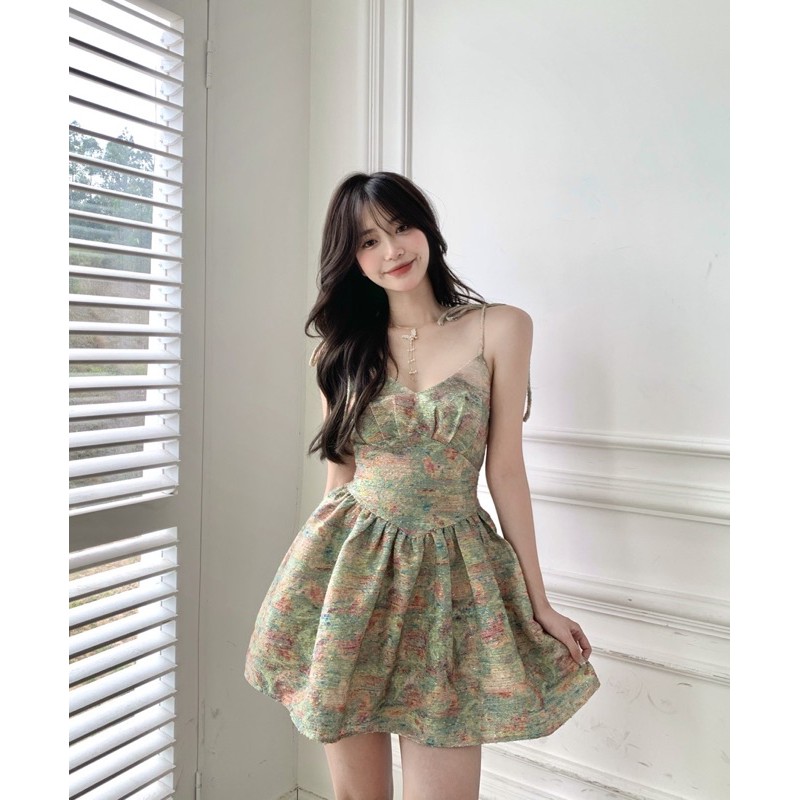 Váy 2 Dây Hoạ Tiết Sơn Dầu Phong Cách Retro -FREESHIP-Hàng Quảng Châu Cao Cấp-V22-Váy xoè đi chơi đi tiệc sang trọng | BigBuy360 - bigbuy360.vn