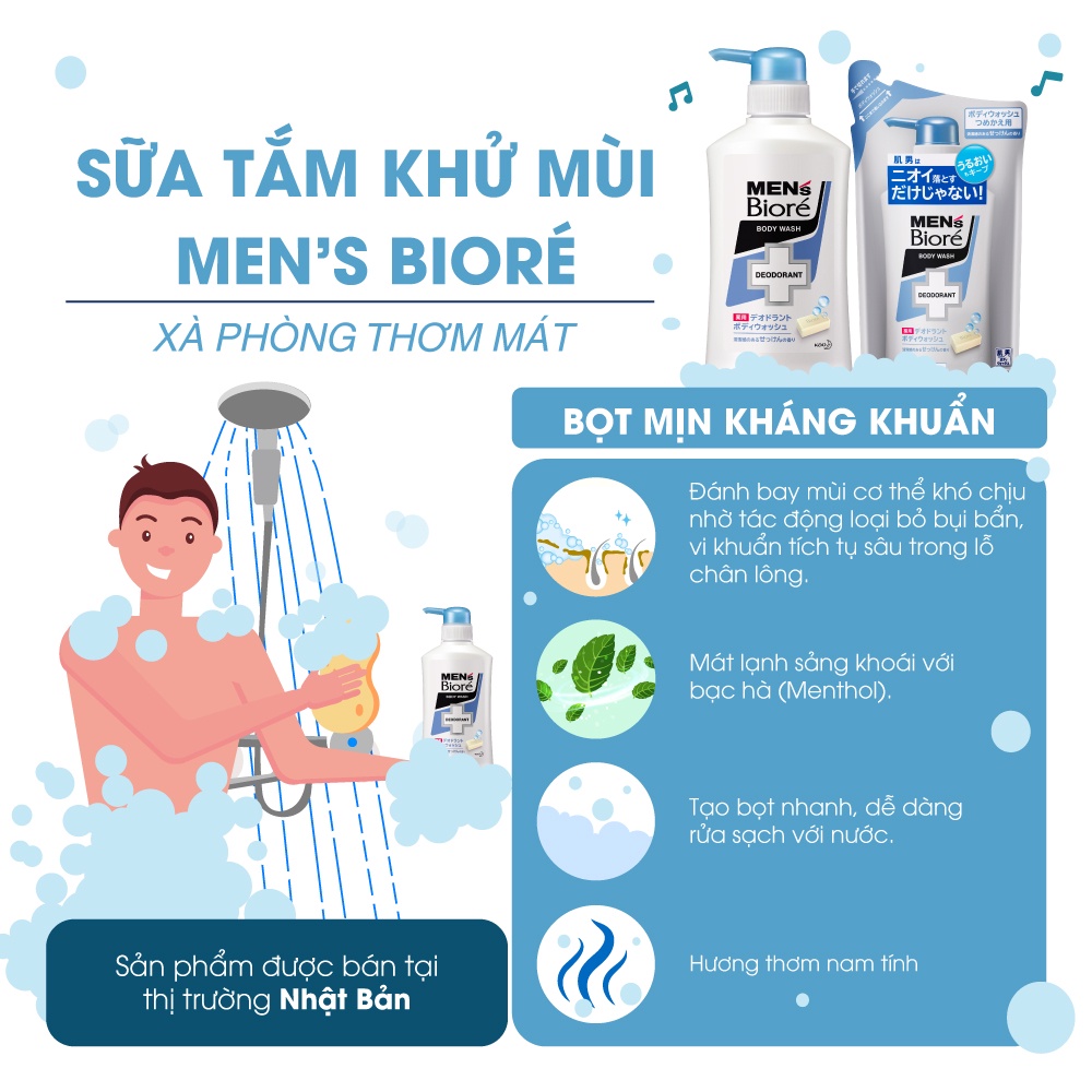 Sữa Tắm Khử Mùi Men's Bioré Nhập Khẩu Nhật Bản  - Bạc Hà Mát Lạnh - Xà Phòng Thơm Mát (Chai) 440Ml