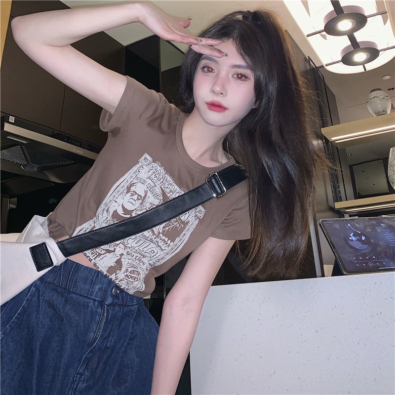Áo Thun Tay Ngắn In Hình Phong Cách Retro Hàn Quốc Cho Nữ