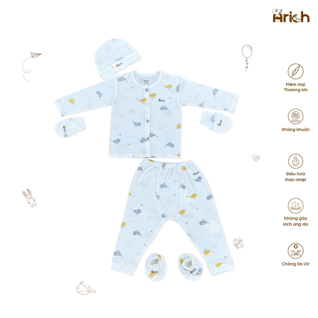 Bộ sơ sinh Arich cho bé gồm: áo quần - 1 đôi bao tay - 1 đôi bao chân - 1 nón
