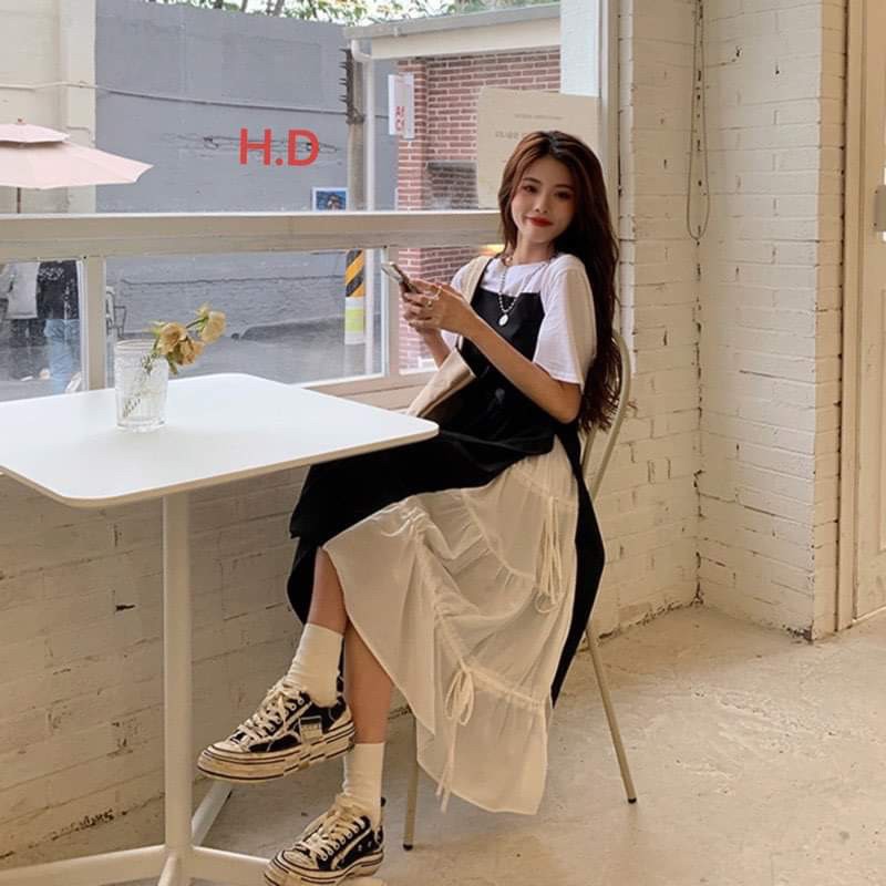 Sét yếm buộc eo phối trắng+áo cotton HĐ12