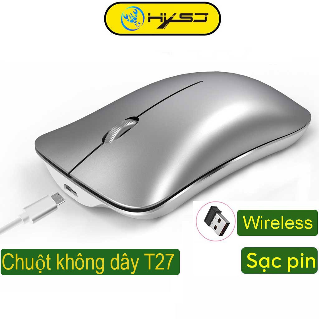 Chuột không dây HXSJ T27 wireless USB 2.4GHz siêu mỏng tự sạc không tiếng ồn chuyên dùng cho pc laptop macbook ipad tivi