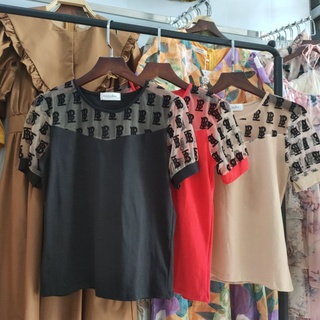 Áo phông thun zip cộc tay phối lưới hoạ tiết